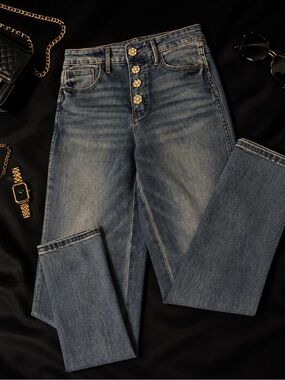 White House Black Market High-Rise Blue Denim Jeans with Decorative Gold Buttons